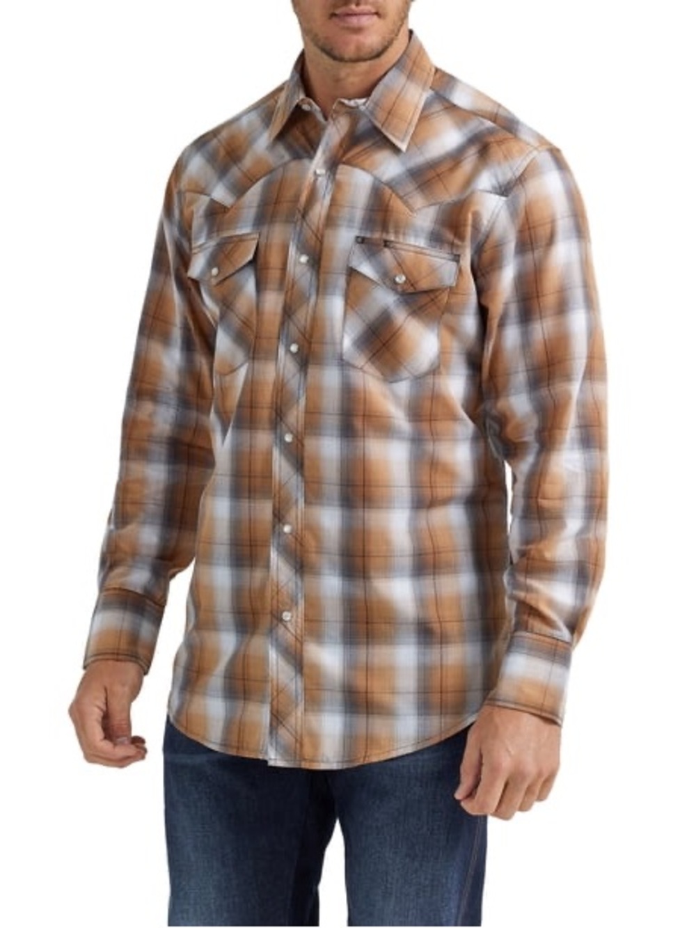Wrangler‎ Brown/Cream and White Plaid Western Button-Down Shirt- M